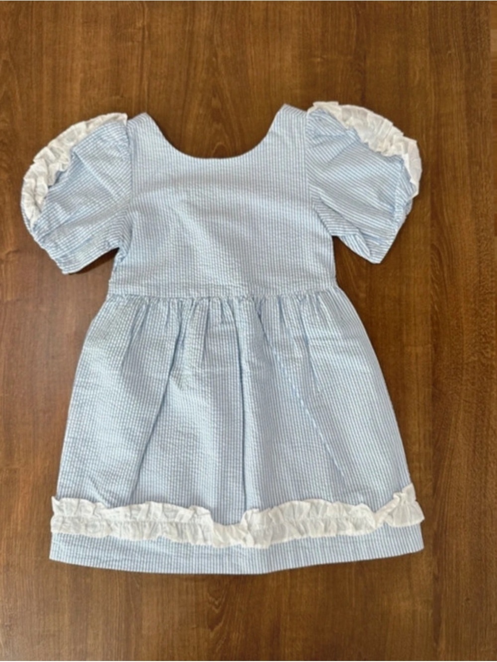 Janie and Jack Light Blue Seersucker Dress with White Ruffle